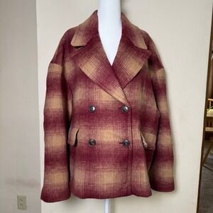 NWT Madewell Plaid Double Breasted Wool Blend Jacket Burgundy Tan Oversized XXL